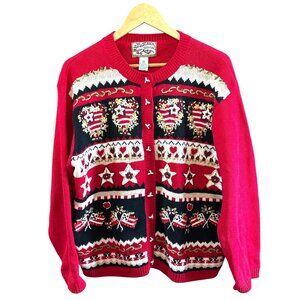 Vintage Heirloom Collectible Red Black Christmas Valentines Cardigan Sweater XL